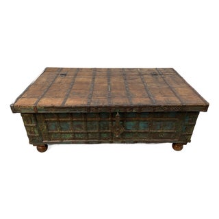 Antique Indian Pitara Chest With Turquoise Patina For Sale