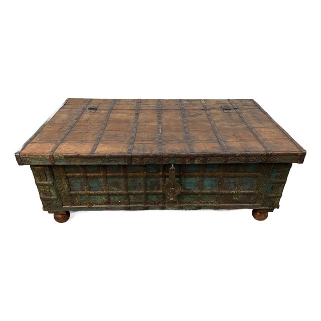 Antique Indian Pitara Chest With Turquoise Patina For Sale