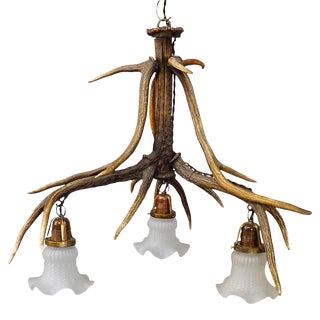 Large Rustic Ceiling Lamp With Deer Antlers For Sale