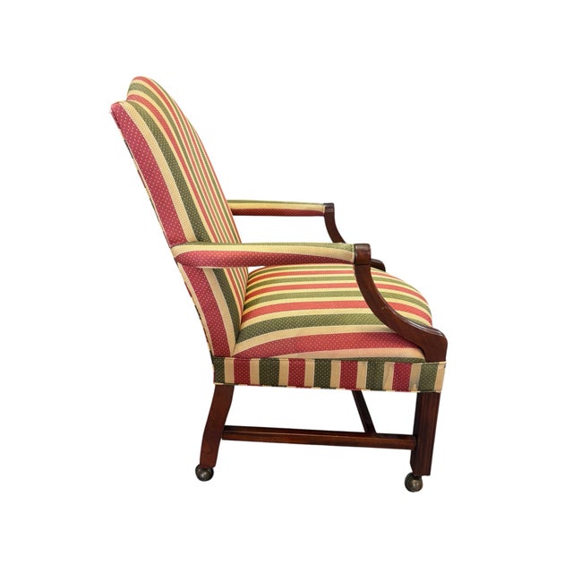 Hekman Mahogany Regency Style Library Armchair With Brass Casters & Striped Upholstery For Sale In Greensboro - Image 6 of 12