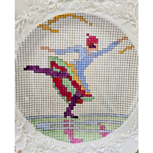 English Mason’s Ironstone Sampler Needlepoint Sporting Plates With Embossed Floral Borders, Set of 6, Circa 1930 For Sale - Image 14 of 18