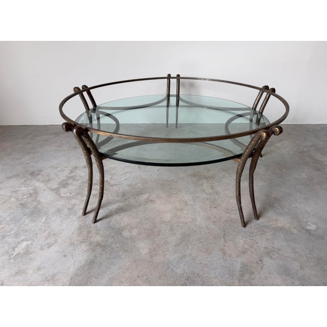 1980s Vintage Two-Tier Hand-Hammered Metal & Glass Round Coffee Table For Sale - Image 9 of 12