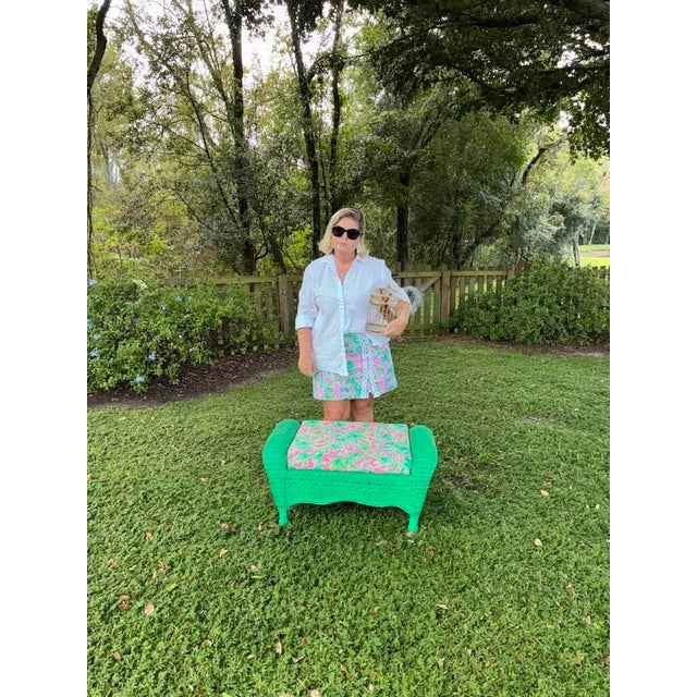 Wood Vintage Henry Link Style Palm Beach Green Wicker Bench With Lilly Pulitzer Cushion For Sale - Image 7 of 7