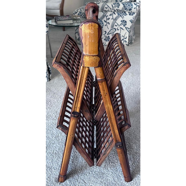 Wood Tortoise Shell Burnt Bamboo Magazine Rack, Folding, 2 Tier For Sale - Image 7 of 11