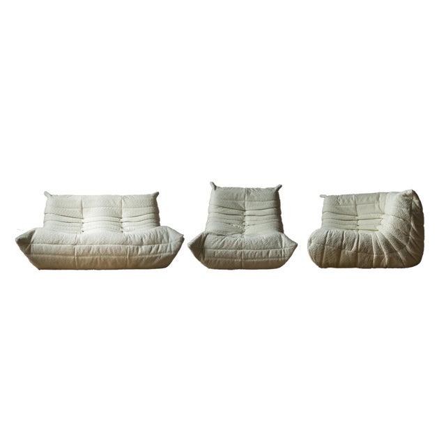 White Bouclette Togo Lounge Chair, Corner Chair and 2-Seat Sofa by Michel Ducaroy for Ligne Roset, Set of 3 For Sale