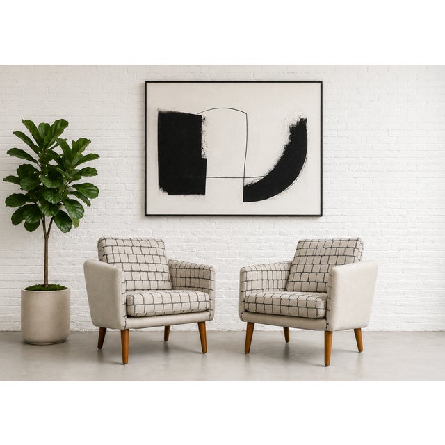 Pair of Danish Mid Century Modern Armchairs / Lounge Chairs featuring patterned soft wool upholstery in a neutral gray...