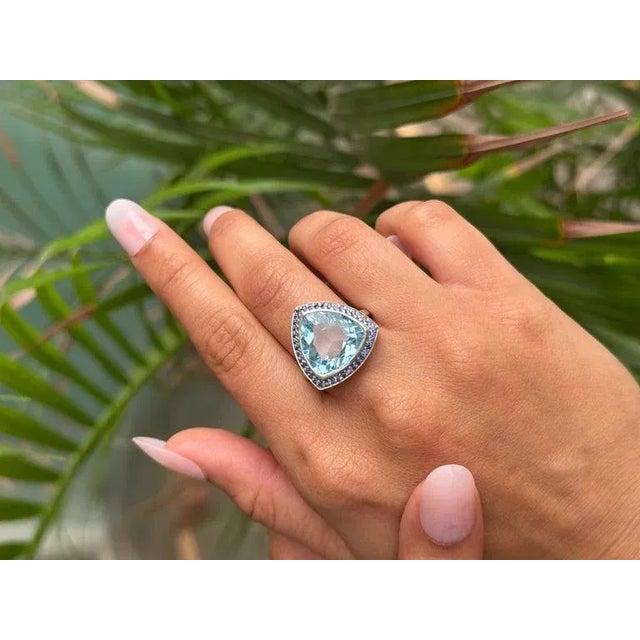 Boho Chic Bohemian Topaz & Sapphire Trillion Cut Cocktail Ring Size 8 For Sale - Image 3 of 12