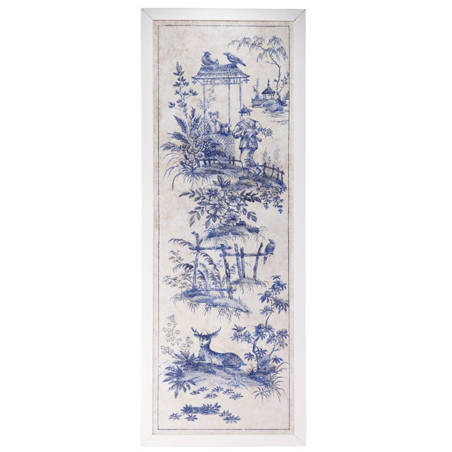 Chinoiserie A Set of Vintage-Style Blue-and-White French Chinoiserie Four-Panel Hanging scrolls.Framed. For Sale - Image 3 of 16