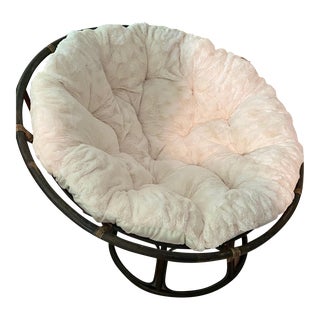 1960's Brown Wood Faux Fur Cream Cushion Papasan Chair For Sale