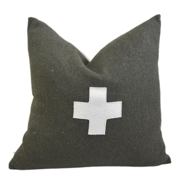 French Dark Green and Cream Appliqué Cross Wool & Linen Feather/Down Pillow For Sale - Image 4 of 5