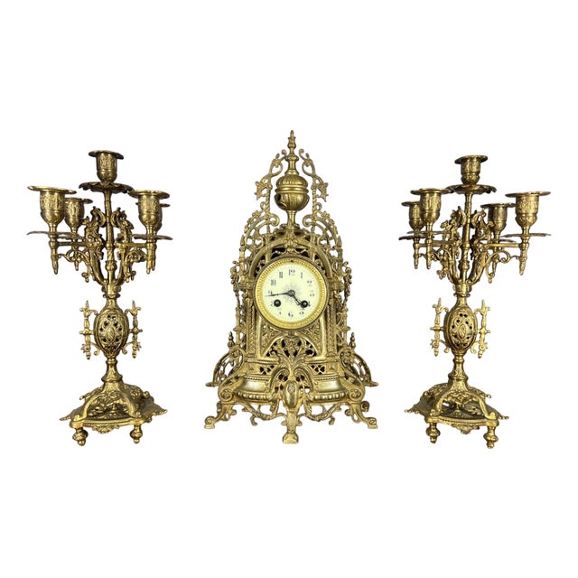Vintage French Style Architectural Brass Garniture Set, Set of 3 For Sale