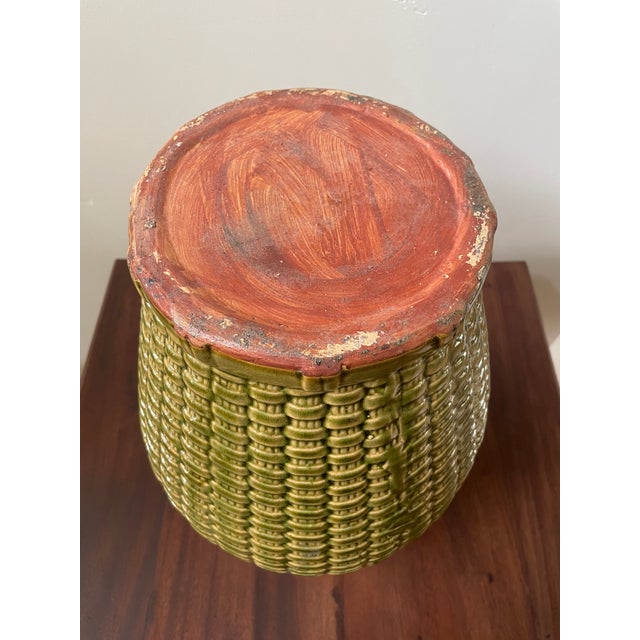 Ceramic Mid 20th C. Embossed Basket-Weave Ceramic Green Vessel For Sale - Image 7 of 8