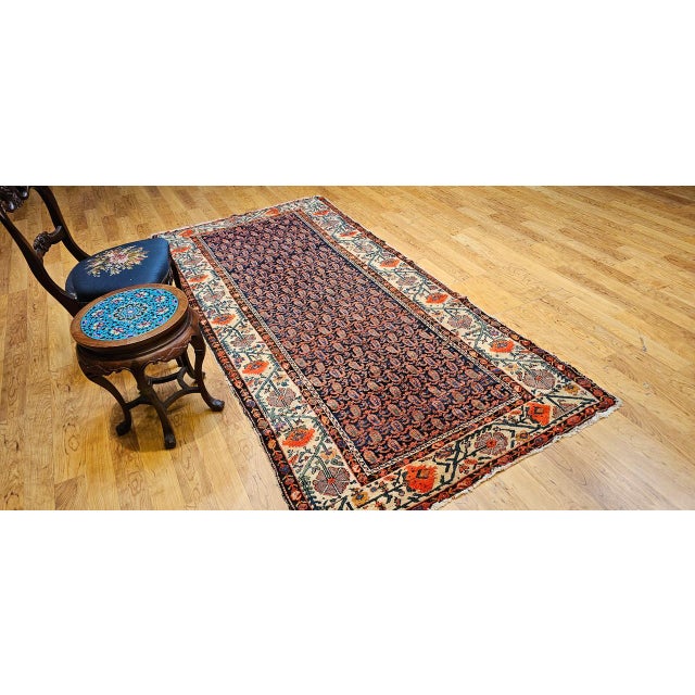 19th Century Persian Kurdish Gallery Rug, Hand-Knotted Wool, All-Over Paisley & Poppy Pattern, Navy & Ivory, 5x10 For Sale - Image 10 of 18