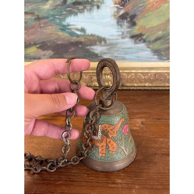 Vintage Brass Toned Hanging Bell With Hand-Painted Elephant and Floral Motifs, India For Sale In Seattle - Image 6 of 8