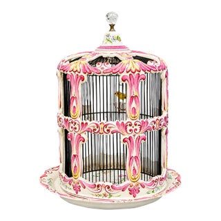 Large French Rococo Hand-Painted Porcelain Bird Cage With Original Floral Tray & Bird For Sale