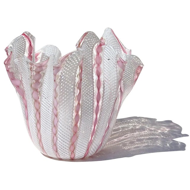 Abstract Murano Vintage Pink Aventurine Flecks White Zanfirico Ribbons Italian Art Glass Fazzoletto Handkerchief Vase For Sale - Image 3 of 10