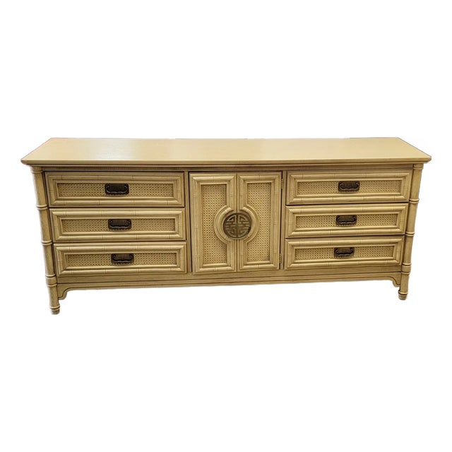 1970s Faux Bamboo Chinoissere Lowboy Dresser / Credenza For Sale