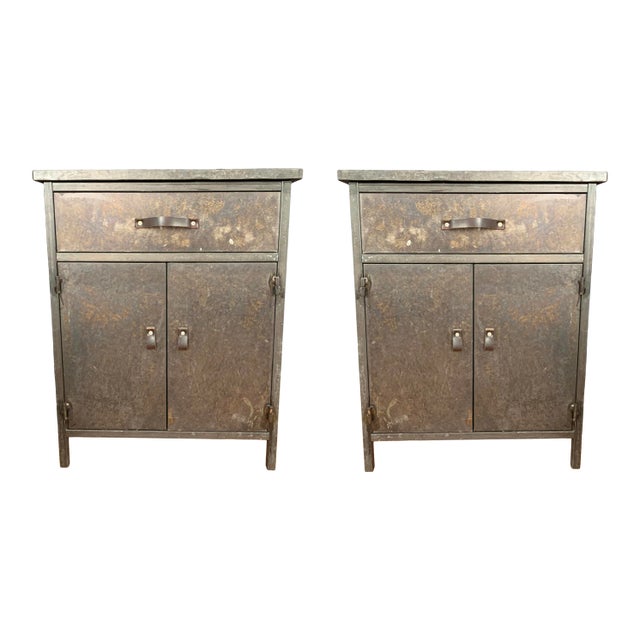 Industrial Leather and Metal Nightstands - a Pair For Sale