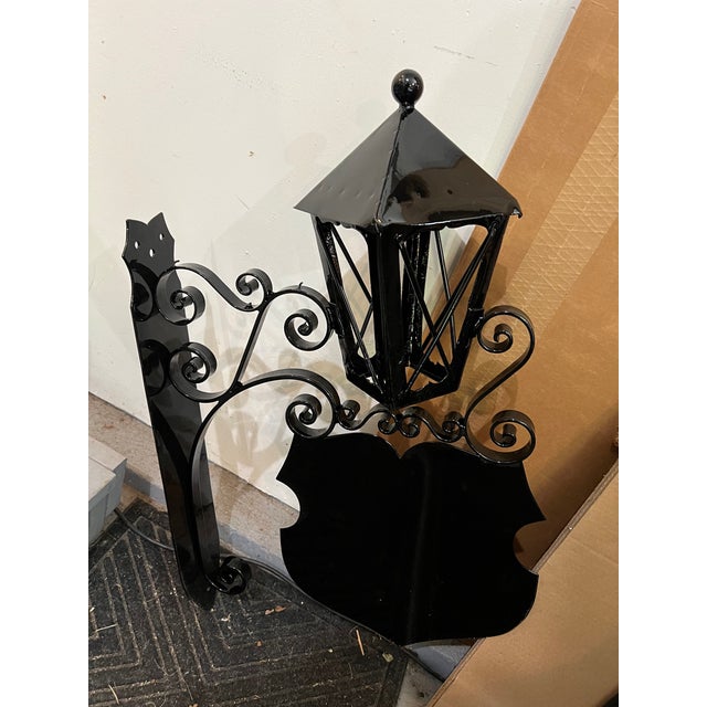 Heavy Antique Oudoor Wall Mounted Light Fixture With Glass Panels and Sign For Sale - Image 4 of 8