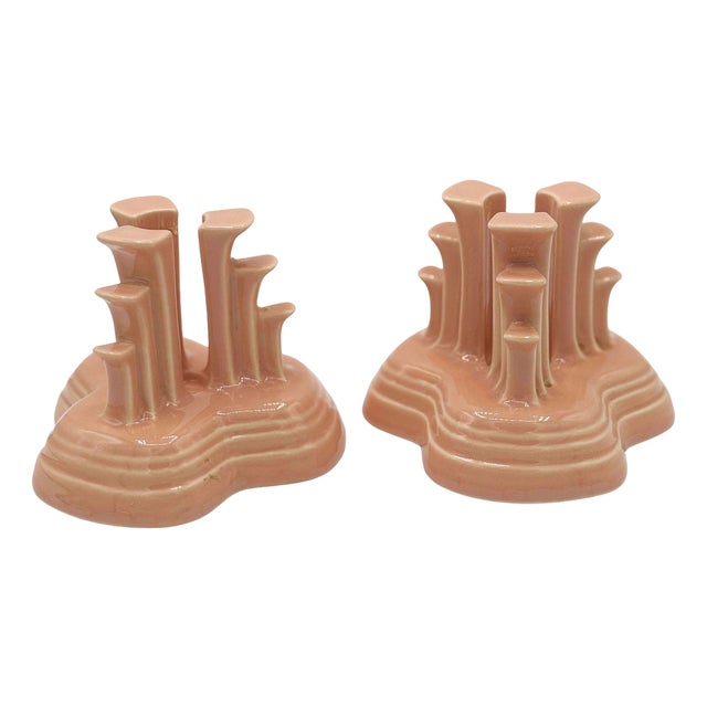 1940s Art Deco Apricot Peach Tripod Pyramid Candleholder by Fiesta Ware, Pair For Sale