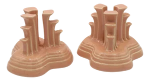 1940s Art Deco Apricot Peach Tripod Pyramid Candleholder by Fiesta Ware, Pair