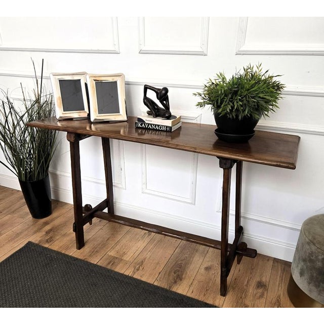 Antique Rustic Minimal Italian Wooden Carved Trestle Console Table, 1890s For Sale - Image 4 of 10
