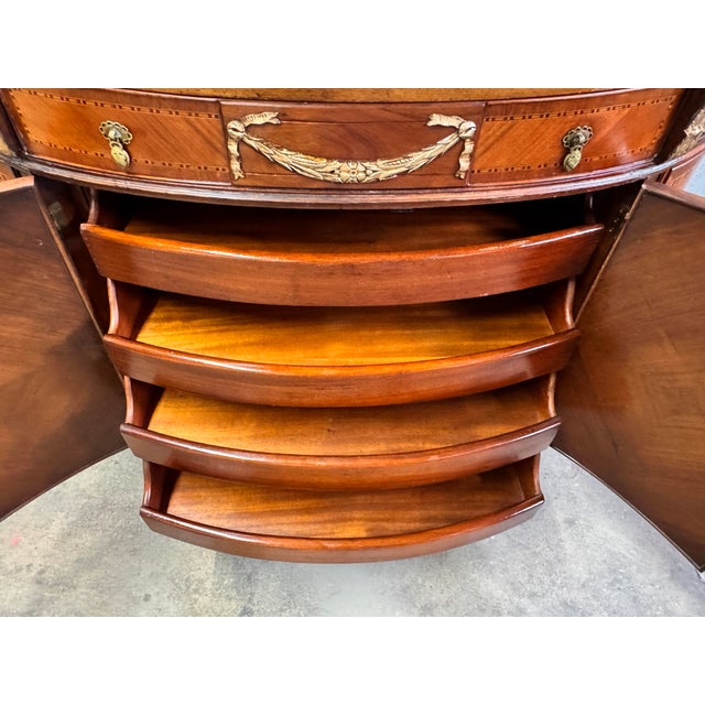 Stone Antique French Style Inlaid Wood Carved Marble Top Demilune Server For Sale - Image 7 of 14