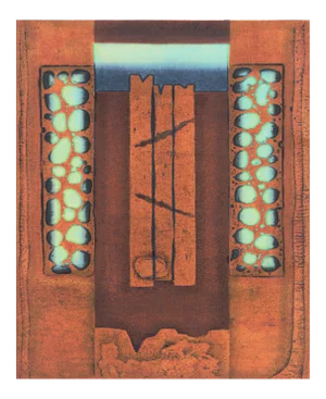 'Abstract in Turquoise and Copper' by Hiroyuki Tajima, 1979, Sosaku-Hanga, National Museum of Art, Osaka, Tokyo, Los Angeles County Museum of Art