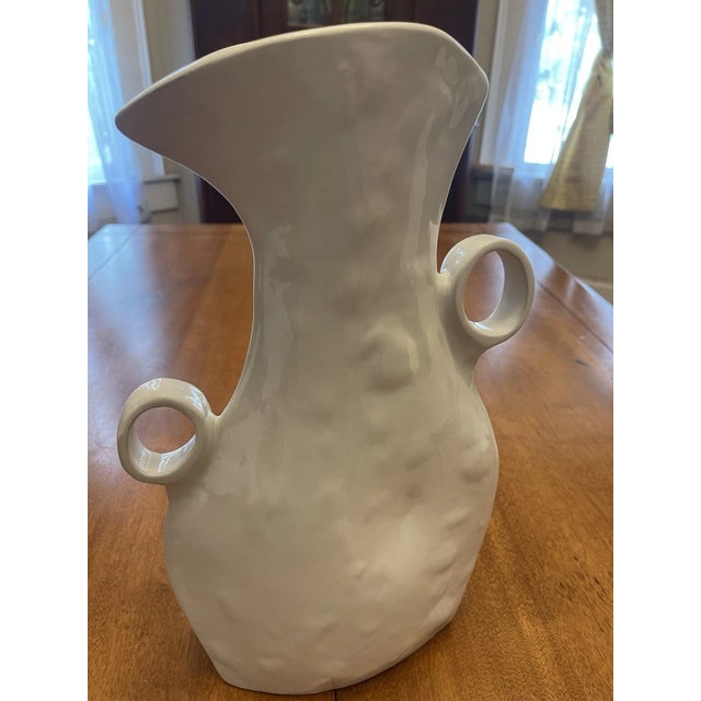 Montes Doggett White Ceramic Sculptural Pitcher Vase Double Ring Handles Handmade Peru For Sale - Image 4 of 8
