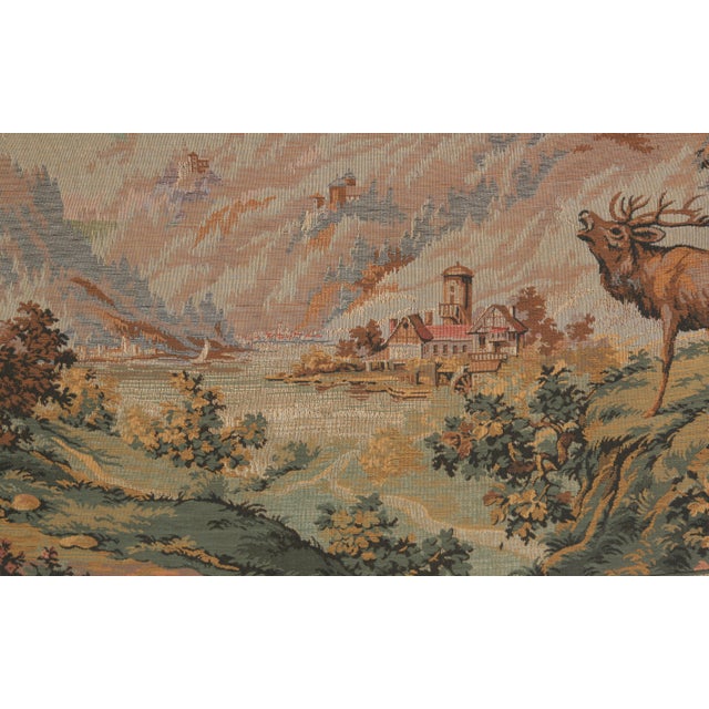 Textile Vintage Alpine Mountain Chalet Deer Woodland Scene Flemish Tapestry For Sale - Image 7 of 18