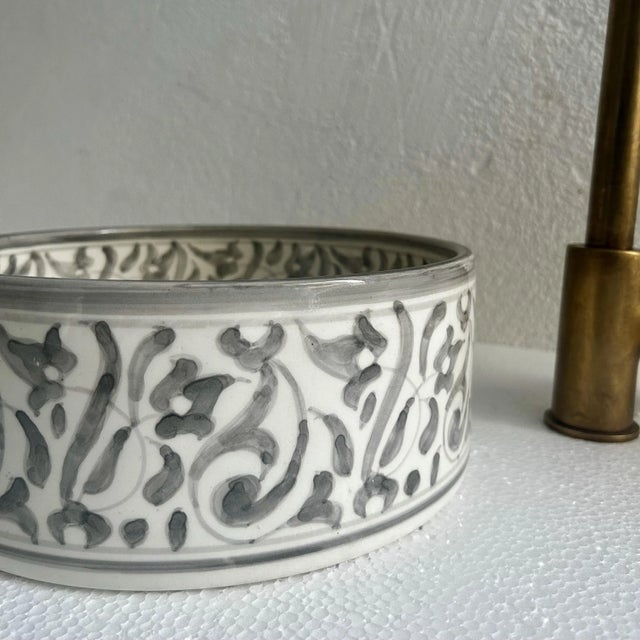 Gray Ceramic Pottery Round Vessel Washbasin Sink for Bathroom With Brass Drain & Gifts For Sale - Image 6 of 9