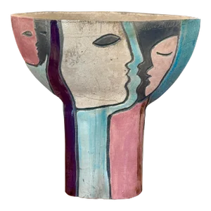 Modernist Raku Pottery Ceramic Vase With Abstract Faces, Circa 1960s. Signed by the Artist Linda Mielke