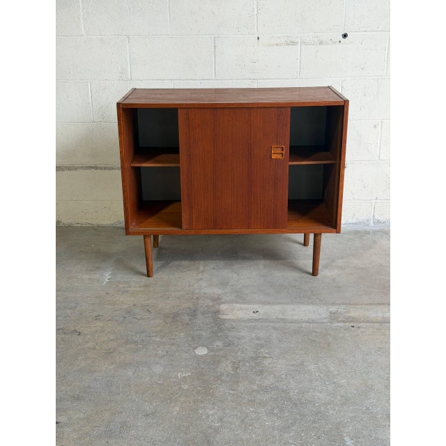 Brown Vintage Danish Modern Teak Cabinet Credenza Sideboard Sliding Door Storage For Sale - Image 8 of 10