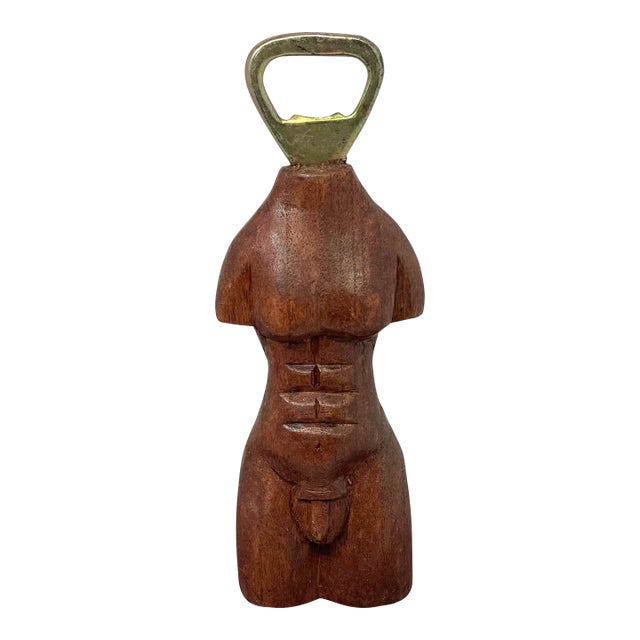 Vintage French Bottle Opener Male Nude Bust Carved Wood For Sale