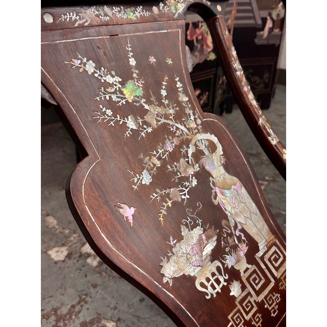 Brown Vintage Chinoiserie Mother-of-Pearl Moon Gazing Recliner Chairs, Pair For Sale - Image 8 of 12