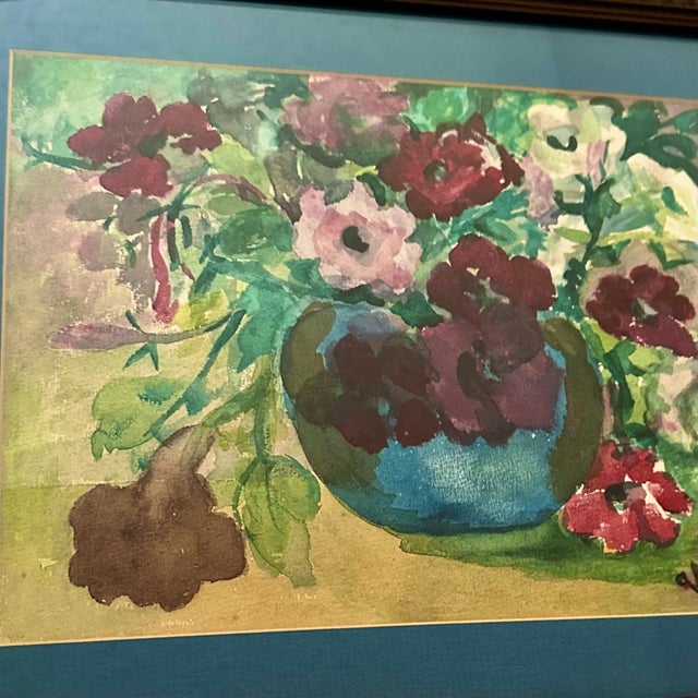 Vintage Still-Life Watercolor Painting of Flowers in a Blue Vase For Sale - Image 4 of 6
