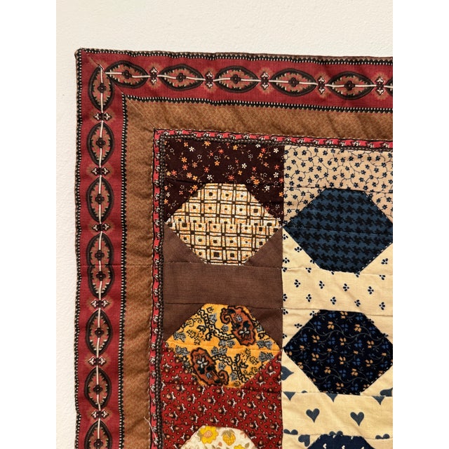 Vintage Traditional Americana Geometric Quilted Textile Art, Brown, Navy, Cream For Sale - Image 10 of 12