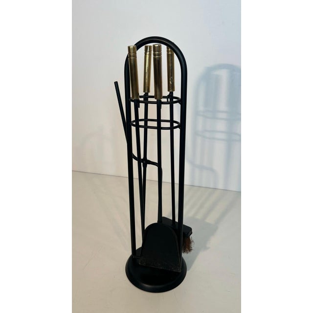 Mid-Century Modern Circa 1970s Fireplace Tools on Stand in Black Lacquered Metal and Brass Design/one For Sale - Image 3 of 12