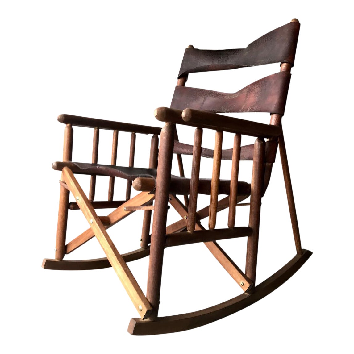 MidCentury Modern Costa Rican Leather Campaign Folding Rocking Chair