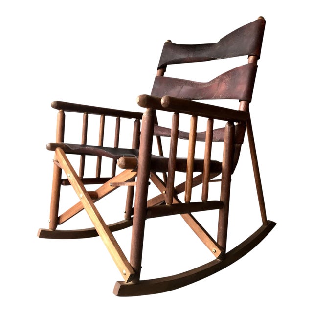 MidCentury Modern Costa Rican Leather Campaign Folding Rocking Chair