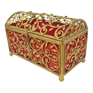 Late 20th Century Vintage Hollywood Regency Style Gold Gilt Metal Red Jewelry Trinket Storage Box
