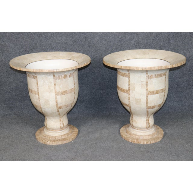 Pair Vintage Tessellated Travertine Campana Urns Planters For Sale - Image 4 of 10