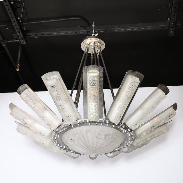 Art Deco Geometric Frosted Glass & Nickeled Starburst Chandelier Signed Degué For Sale In New York - Image 6 of 18