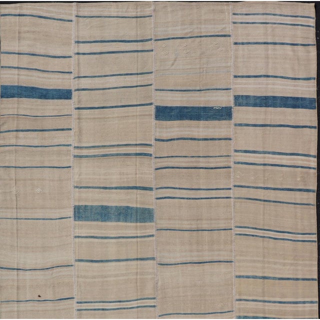 Cream Vintage Turkish Kilim Rug With Blue and Cream Stripes 8'0"x14'2" For Sale - Image 8 of 10
