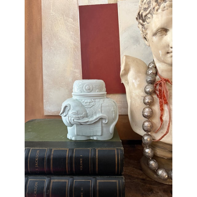 This elegant vintage ceramic elephant jar was produced for Wildwood Imports and dates to 1979, as confirmed by the...