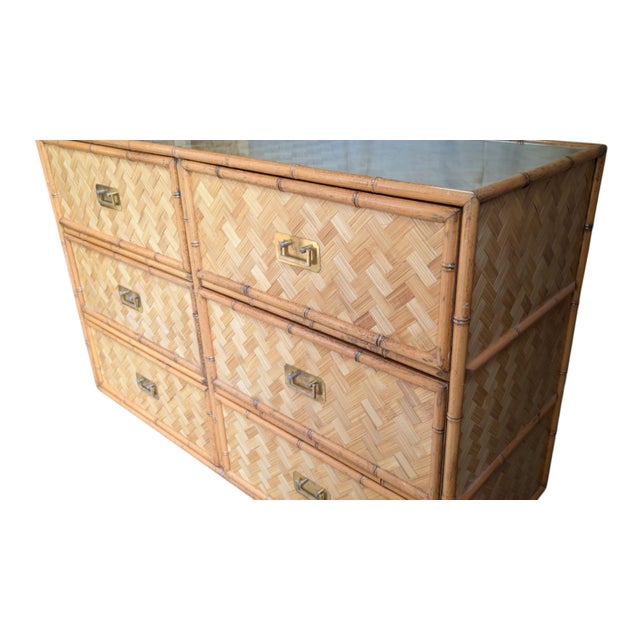 Wood Vintage Faux Bamboo 6-Drawer Dresser With Herringbone Parquet Rattan Fronts, in the Style of Dixie For Sale - Image 7 of 12