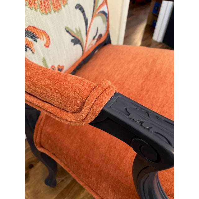 Hand-Painted French Provincial Armchair - Navy Blue & Orange Velvet - Whimsical Floral Reupholstered Accent Chair For Sale - Image 4 of 14