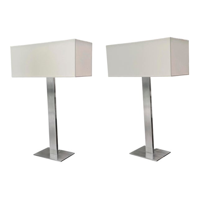 Pair of Tall Steel T Shaped Lamps With Rectangular Shade For Sale