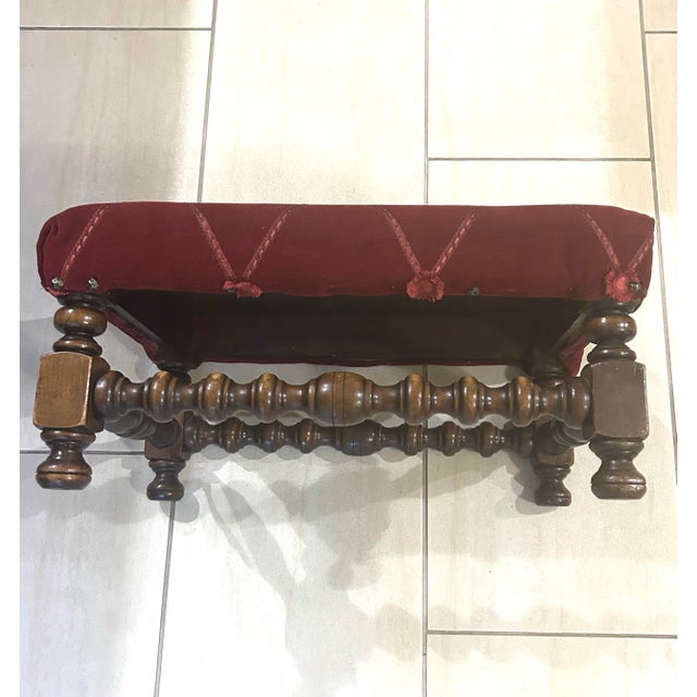 Wood Antique, Diamond-Tufted, Upholstered Footstool, Deep, Ruby-Red in Coloring, White With Carved, Stacked, Ball Feet For Sale - Image 7 of 11