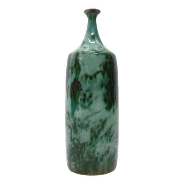 Green Enamelled Stoneware Bottle Vase, 1960s For Sale